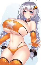 bikini blue_eyes huge_breasts kizuna_akari long_gloves swimsuit thick_thighs thighhighs twintails vocaloid white_hair