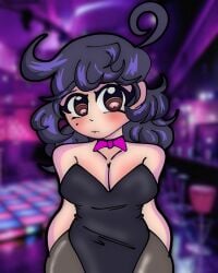 animation_meme_community animator blush brown_eyes bunny_costume bunnysuit curly_hair female female_focus female_only narji narji_animates narji_branson petite purple purple_background standing stockings strip_club tiktok youtube youtuber youtuber_girl