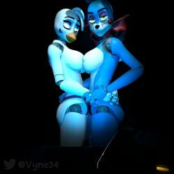 2girls 3d 3d_(artwork) animatronic bonnie_(fnaf) breast_press breasts breasts_out chica_(fnaf) five_nights_at_freddy's five_nights_at_freddy's_2 furry glamrock_chica_(fnaf) glowing_eyes hands_on_hips holding_hands looking_at_another looking_at_partner looking_at_viewer rabbit rabbit_ears rabbit_girl rabbit_humanoid robot robot_girl slim_waist source_filmmaker tall_female taller_female taller_girl toy_bonnie_(fnaf) vyne