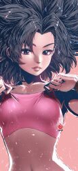 absurdres adjusting_clothes big_hair black_eyes black_hair breasts caulifla dragon_ball dragon_ball_super female highres kanchiyo lips looking_down navel parted_lips simple_background solo upper_body