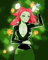 green_skin large_breasts laying_on_back plants poison_ivy poison_ivy_(harley_quinn) shiny_clothes tight_clothing