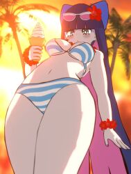1girls 3d 3d_animation animated bangs bikini blush bracelet breasts colored_inner_hair female food from_below ice_cream ice_cream_cone large_breasts long_hair looking_at_viewer multicolored_hair navel palm_tree panty_&_stocking_with_garterbelt pink_hair purple_hair scrunchie snoopsnsfw solo stocking_(psg) stocking_anarchy striped striped_bikini swimsuit tagme thick_thighs underboob video wrist_scrunchie