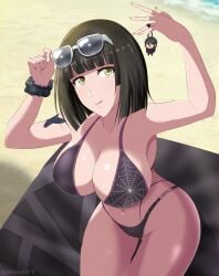 absurdres arm_up artist_name bare_shoulders beach bikini black_bikini black_hair bracelet breasts character_doll closed_mouth collarbone eyewear_on_head fc_(moonlitfc) female highres jewelry large_breasts lipstick makeup mio_(tsuki_ga_michibiku_isekai_douchuu) misumi_makoto_(tsuki_ga_michibiku_isekai_douchuu) navel sand short_hair silk smile solo spider_web stomach sunglasses swimsuit thighs tsuki_ga_michibiku_isekai_douchuu yellow_eyes