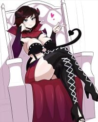 1girls big_breasts black_boots black_dress black_hair black_nail_polish boots breasts choker cleavage collarbone crossed_legs demon_girl demon_horns demon_tail female female_only gloves gradient_hair high_heel_boots high_heels kinathefox light-skinned_female light_skin multicolored_hair nail_polish red_hair red_skirt ruby_rose rwby short_hair sitting sitting_on_throne smile solo thick_thighs thigh_boots thighs throne white_background wide_hips