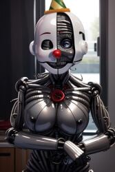 ai_generated animatronic animatronic_female blue_eye breaking_and_entering breasts broken clown_nose ennard_(fnafsl) female female five_nights_at_freddy's five_nights_at_freddy's:_sister_location indoors mask masked masked_female metallic_body naked naked_female nude party_hat pixai robot_girl robot_humanoid sister_location solo ultimate_custom_night wires