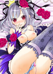 1girls ass bare_shoulders blush breasts breasts_out dress dress_tug female flower hair_flower hair_ornament idolmaster idolmaster_cinderella_girls kanzaki_ranko long_hair looking_at_viewer lying nipples on_back panties pussy_juice pussy_juice_stain pussy_juice_trail red_eyes ribbon rose rose_in_hair sakura_hanatsumi silver_hair smile solo sweat thighhighs tied_hair twintails underwear vibrator