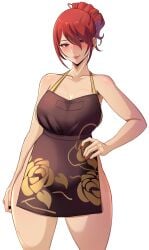 1girls apron atlus breasts female hair_over_one_eye lainart large_breasts light-skinned_female light_skin long_hair mitsuru_kirijo naked_apron persona persona_3 red_eyes red_hair tied_hair