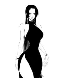 big_ass big_breasts black_and_white black_hair boa_hancock coom_part dress earrings female female_only long_dress long_hair looking_at_viewer one_piece sketch sleeveless_dress slim_waist tall taller_girl thick_thighs wide_hips