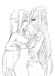 2girls alice_(mon-musu_quest!) alipheese_fateburn_xvi angel artist_request female flower horns ilias kissing lamia monochrome monster_girl monster_girl_quest multiple_girls nude pointy_ears saliva_trail symmetrical_docking tattoo very_long_hair yuri