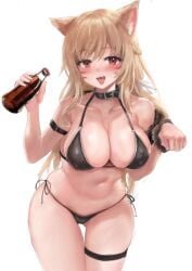 absurdres aimu_(angry9565) animal_ear_fluff animal_ears bare_shoulders belt_collar bikini black_bikini blonde_hair blush bottle breasts cat_ears cat_girl cleavage collar covered_erect_nipples cowboy_shot drink facial_mark female gluteal_fold halterneck highres holding holding_bottle holding_drink kemonomimi large_breasts long_hair looking_at_viewer navel oerba_yun_fang open_mouth original paw_pose red_eyes side-tie_bikini_bottom sidelocks simple_background solo stomach swimsuit thigh_strap white_background