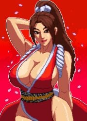 1girls arm_behind_back arm_behind_head big_breasts breasts brown_eyes brown_hair busty cherry_blossoms cleavage fatal_fury hair_ribbon half-closed_eyes hand_on_own_hip highres japanese_clothes king_of_fighters large_breasts legs looking_at_viewer mai_shiranui pink_lips pixel_art ponytail pose posing ribbon seductive_gaze seductive_smile sensual sexy_pose smile snk solo thick_thighs thighs wide_hips