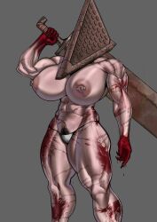 1girls abs big_ass big_breasts blood breasts casual curvy don_george dongeorgep female female_pyramid_head grey_skin headwear huge_breasts humanoid konami mature muscular_arms muscular_back muscular_female muscular_thighs nipples pubic_hair pyramid_head rule_63 silent_hill silent_hill_homecoming solo thick_thighs villainess voluptuous weapon wide_hips