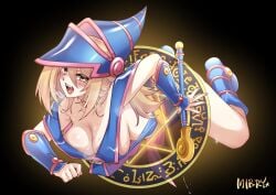 anticipation bent_over big_breasts blonde_hair blush_lines blush_stickers breasts cleavage dark_magician_girl female green_eyes looking_at_viewer magic_wand mibry_(phrysm) saliva skimpy_clothes sweat witch witch_hat yu-gi-oh!