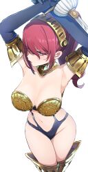 1girls alternate_costume armor armpits arms_up atlus battle_panties bikini bikini_armor blush breasts breasts_apart clothing_cutout collar elbow_gloves female female_focus female_only gloves hi_res high-cut_armor highres kamiya_zuzu large_breasts legs_together megami_tensei midriff mitsuru_kirijo official_alternate_costume persona persona_3 ponytail pose posing red_eyes red_hair revealing_clothes sega solo solo_female solo_focus stomach sword thighhighs thighs weapon white_background