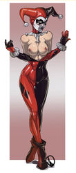 abs batman_(series) blue_eyes bodysuit breasts breasts_out crossed_legs dc dc_comics exposed_breasts female female_only ganassa harley_quinn harley_quinn_(classic) human jester jester_cap large_breasts makeup nipples pose shiny shiny_clothes simple_background skin_tight solo standing thigh_gap undressing