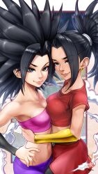 2girls absurdres arms_around_waist asymmetrical_docking bare_shoulders black_hair bracer breast_press breasts caulifla cleavage collarbone couple dragon_ball dragon_ball_super earrings eyes_visible_through_hair female female_only hands_on_own_hips highres hug jewelry kale kale_(dragon_ball) kanchiyo long_hair looking_at_viewer multiple_girls navel parted_bangs saiyan shorts shorts_under_skirt skindentation skirt smile spiked_hair stomach strapless tube_top universe_6/universe_7 universe_6_girls yuri