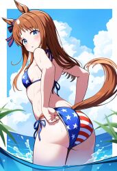 ai_generated american_flag_bikini animal_ears bikini blue_eyes female grass_wonder_(umamusume) hair_accessory horse_girl light_brown_hair long_hair markings_on_head umamusume umamusume_pretty_derby