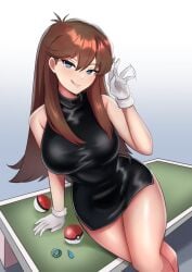 big_breast big_breasts black_dress blue_eyes brown_hair brown_hair_female curvy curvy_body curvy_figure dress game_freak gloves green_(pokemon) large_breast large_breasts leaf_(pokemon) licking_lips pokeball pokemon pokemon_adventures pokemon_rgby thighs white_gloves zet_(twt_zet)