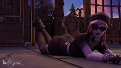 1girls 3d 3d_(artwork) alternate_version_available ass ass_up beanie beanie_hat blender detailed_background dusk_(fortnite) epic_games female female_focus female_only fortnite fortnite:_battle_royale glasses goth goth_girl grey-skinned_female grey_body grey_skin hat headwear highres jean_shorts ky0rii laying_down laying_on_stomach midnight_dusk_(fortnite) on_floor on_stomach presenting presenting_ass purple_hair shirt shorts smile smiling solo solo_focus sunglasses tinted_eyewear watermark