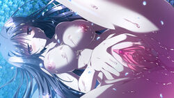 areolae black_hair blush breasts cum cum_on_hair facial female field flower flower_field game_cg long_hair minori natsuzora_no_perseus night nipples nude outdoors petals pussy red_eyes shouna_mitsuishi tohno_ren uncensored yuzuna_hiyo