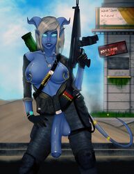 1futa areolae balls blue_eyes blue_skin breasts crotchless curvy dark-skinned_futanari draenei earrings erect_nipples futa_only futanari gloves glowing_eyes gun hair half-erect horns huge_penis intersex large_balls large_breasts lotharemas military_uniform nipple_piercing nipples no_bra no_panties nyuunzi outdoor penis penis_out piercing pointy_ears short_hair solo solo_futa standing submachine_gun tail tail_ornament weapon white_hair world_of_warcraft