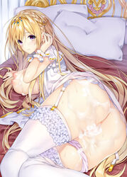 after_sex ass blonde_hair blush braid breasts cum cum_in_pussy cum_on_body cum_on_breasts cum_on_lower_body cum_on_upper_body female garter_straps hair_ornament kaguyuzu lace lace-trimmed_thighhighs large_breasts legs long_hair looking_at_viewer lying nipples on_side open_clothes original panties panties_around_leg purple_eyes solo thighhighs thighs underwear white_legwear