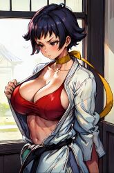 1girls abs ai_generated bangs big_breasts black_belt black_hair breasts capcom cleavage female female_only gi indoors inside karate_gi large_breasts looking_away makoto_(street_fighter) midriff muscular navel neck_ribbon nervous open_clothes opening_shirt pout revealing_clothes short_hair sideboob solo sports_bra stable_diffusion street_fighter street_fighter_iii street_fighter_iii:_3rd_strike tampopo tomboy toned toned_female