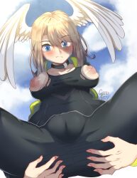 2022 absurd_res areola big_areola big_breasts blonde_hair blue_eyes blue_sky blush breast_squish breasts bursting_breasts cameltoe cheesoart clothing cloud collar detailed_background eunie_(xenoblade) exposed_breasts feathered_wings feathers female female_humanoid genital_outline glistening glistening_hair hair head_wings hi_res holding_butt humanoid light_body light_skin long_hair looking_at_viewer looking_down low-angle_view montgomery_glands outside plump_camel_toe pouting puffy_areola pussy_outline skinsuit sky solo spread_legs spreading squish tight_clothing torn_skinsuit white_body white_feathers wings xenoblade_chronicles_3