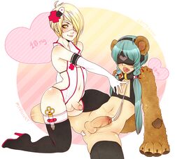 2boys animal_ears blindfold blonde_hair blue_eyes blush braids cum cum_string elbow_gloves erection eye_patch femboy gay girly gloves green_eyes hair hair_ornament hairband high_heels kneeling maebari male male_only medical multiple_boys myogurt navel nurse open_mouth penis saliva scar short_hair sitting small_penis smile testicles thigh_boots tied_hair tongue trap twintails yaoi