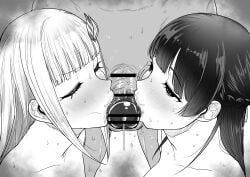 1boy 2girls absurdres blunt_bangs blush braid breasts closed_eyes collaborative_fellatio collarbone commentary_request cooperative_fellatio crown_braid fellatio ffm_threesome greyscale group_sex hair_ornament half-closed_eyes highres kaiman_garupan lize_helesta medium_breasts monochrome multiple_girls nijisanji nude oral precum precum_drip saliva straight sweat teamwork threesome tsukino_mito virtual_youtuber