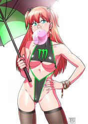 1girls 2017 bangs bikini blush bracket breasts bubble_blowing bubble_gum covered_nipples cowboy_shot dated ear_piercing earrings female female_only green_eyes hairbow hand_on_hip highres human jewelry large_breasts long_fingernails long_hair monster_energy nail_polish nipple_bulge one-piece_swimsuit paddock_girl piercing pigtails pink_nails red_hair revealing_clothes shiny_skin signature skimpy solo standing swimsuit tekuho thighhighs umbrella underboob very_long_hair white_background