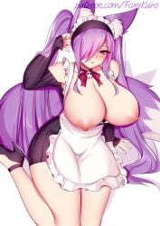 animal_ear_fluff animal_ears breasts breasts_out foxykuro kemonomimi kuro_(foxykuro) maid nipples one_eye_obstructed original_character purple_hair