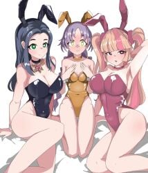 2d 3girls armpits arms arms_up belly belly_button big_breasts blush boobs breasts bunny_ears bunny_girl bunnysuit chigusa_(fortnite) clothed clothing covered_breasts covered_navel covered_nipples digital_drawing_(artwork) female female_only fortnite fortnite:_battle_royale front_view hands_behind_head hips image legs lennox_rose_(fortnite) light_skin looking_at_viewer mae_(fortnite) multiple_girls open_eyes sitting stomach thehollowhusk thighs thin_waist tits waist