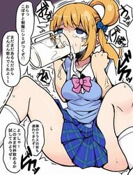 blonde_hair blue_eyes bow cum cum_in_container cum_in_mouth cum_on_upper_body empty_eyes female forced gokkun hairbow motsu_aki restrained school_uniform tears text translation_request trembling