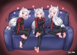 3girls absurdres animal_ears ass barefoot cerberus_(helltaker) couch demon_tail feet female_focus foot_fetish full_body helltaker highres lineup long_hair looking_at_viewer multiple_girls oerba_yun_fang open_mouth red_eyes silver_hair sitting smile soles suit tail toes tsukimaru_(ls_99ml)