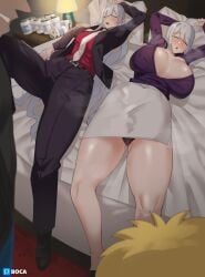 2boys 2girls ak-12_(girls'_frontline) artist_name asleep bare_legs bed beer_can beverage_can black_jacket black_pants blonde_hair blush bob_cut boca breasts can drunk girls'_frontline gyaruo hi_res huge_breasts imminent_rape imminent_sex lamp large_breasts laying_down laying_on_back laying_on_bed long_hair lying necktie no_bra panties pantyshot parted_lips purple_shirt red_shirt rpk-16_(girls'_frontline) silver_hair sleeping smile suit thick_thighs thighs unbuttoned underwear very_long_hair white_skirt