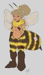 anthro bangs bee_girl black_lips black_sclera breasts broken_wing carapace curly_hair female hips injury insects long_hair looking_at_viewer medium_breasts monster_girl perky_breasts ponytail pose randomboobguy scar smile stinger thighs tied_hair wings