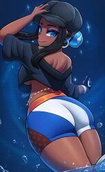 1girls ass ax3lbravo axlhearts black_hair blue_eyes clothed dark-skinned_female dark_skin earrings female female_only hat hoop_earrings human human_only nessa_(pokemon) nintendo pokemon shorts sideboob smile solo tagme thighs