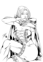 big_breasts black_and_white breasts cape corset daniele_torres emma_frost female hellfire_club inked marvel marvel_comics opera_gloves panties stoodgyboy thighhighs white_queen x-men