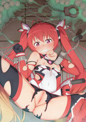 antenna_hair blush bodysuit bondage canon_genderswap censored chains clothing crying crying_with_eyes_open cuffs egg elbow_gloves female flat_chest gloves gradient_hair handcuffs highres long_hair manacles mitsuka_souji multicolored_hair nipples ore_twintail_ni_narimasu purple_eyes pussy red_hair shackles single_glove solo spread_legs tachimi_(basue) tail_red tears thighhighs tied_hair torn_bodysuit torn_clothes torn_gloves torn_thighhighs twintails