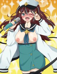 akoya_matama blush blush breasts exposed_breasts hat large_breasts loco_musica mahou_shoujo_ni_akogarete microphone military_hat open_clothes singing tina_(tina030)