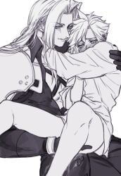 2boys anal_fingering anal_juice blush bottomless clothed cloud_strife femboy feminine_male final_fantasy final_fantasy_vii fingering gay gloved_fingering gloves greyscale kintokiii long_hair looking_down loose_clothes male male/male no_visible_genitalia sephiroth size_difference spiky_hair square_enix tagme thighs twink white_background yaoi