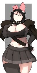 artist_name belly_button black_clothing black_hair breasts collar goth goth_girl looking_at_viewer mel_(sky_almanac) ribbon skirt sky_almanac watermark