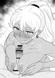 1boy absurdres bar_censor blush breasts censored completely_nude dark-skinned_female dark_skin earrings erection female glasses greyscale highres jewelry kaiman_garupan large_breasts metallic_rouge monochrome naomi_orthmann nipples nude paizuri penis ponytail precum sidelocks straight sweat tongue tongue_out