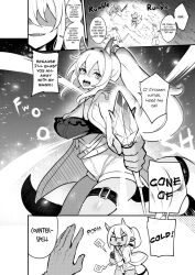 bandit belt black_and_white breasts comic_page dungeons_and_dragons horns jacket large_breasts manga monochrome onigensou original ponytail tiefling