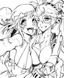 2girls android bandana breasts female high_resolution labrys labrys_(persona) large_breasts lime_(saber_j) long_hair monochrome persona saber_marionette_j tagme