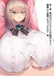 1boy 1girls age-happo alternate_breast_size alternate_version_available arms_behind_head asian asian_female big_breasts blue_eyes blush breast_hold breasts brown_hair button_gap censored color cum cum_between_breasts dialogue ejaculation_between_breasts english_translation engulfing_paizuri female gigantic_breasts hands-free hands-free_paizuri happy happy_paizuri happy_sex heart huge_breasts japanese_text large_breasts male nijisanji notes_translation open_clothes open_mouth open_shirt open_smile paizuri paizuri_lead_by_female paizuri_on_lap penis shiny_skin smile straight suzuhara_lulu sweat text translated underboob virtual_youtuber