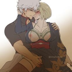 1boy 1girls big_breasts blonde_hair blush bra embarrassed facial_scar female finger_fuck fingering fingering_partner gintama gintoki_sakata hair_down hand_on_another's_head japanese_clothes kimono lace lace-trimmed_bra lingerie male nipples_visible_through_clothing obi scar seigibathala single_detached_sleeve sweat tsukuyo