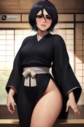 1girls ai_generated black_hair bleach bleach:_the_thousand-year_blood_war blue_eyes daulawkins flat_chest haori japanese_clothes kuchiki_rukia long_sleeves looking_at_viewer short_hair small_breasts solo stable_diffusion standing thighs