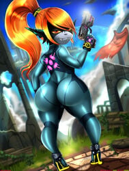 anus ass beauty_mark big_ass bodysuit bubble_butt cosplay dutch_angle fangs female female_only gun high_heels imp_midna looking_back metroid midna mole nintendo orange_hair outdoors pointy_ears ponytail red_eyes rocket_heels samus_aran shadman smile solo standing the_legend_of_zelda thecon tied_hair twilight_princess two_tone_skin weapon yellow_sclera zero_suit